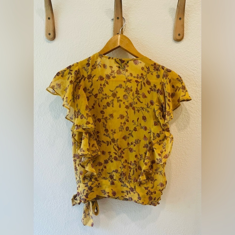 PAIGE Trista Mustard Floral Silk Flutter Sleeve Surplice Boho Blouse size XS - Picture 3 of 4